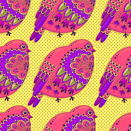 Bright multicolored seamless pattern with birds and floral ornament on background of polka dots. Vector illustration.のイラスト素材