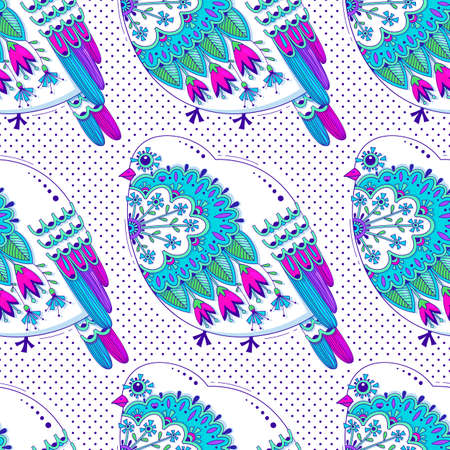 White and blue color seamless pattern with birds and floral ornament on background of polka dots. Vector illustration.のイラスト素材