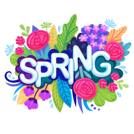 Fresh Spring Background with Colorful Flowers, Leaves and Grass.のイラスト素材