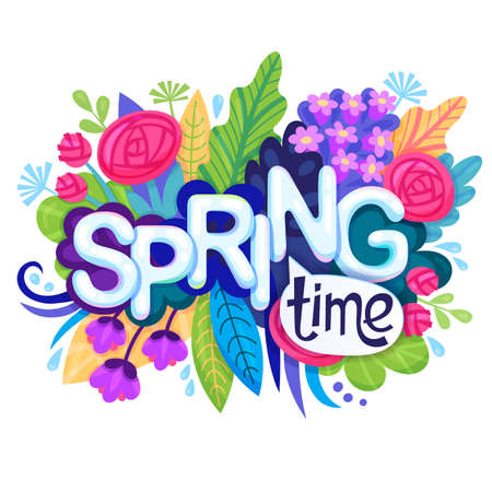 Inscription Spring Time on background with Colorful Flowers, Leaves and Grass. Floral Banner for Springtime Graphic Design. Blossoming Bouquet. Vector.のイラスト素材