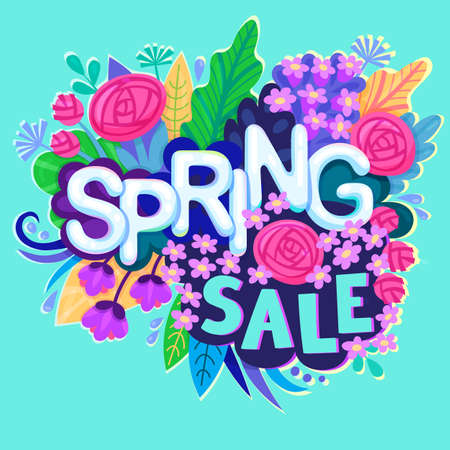 Spring Sale Design with Colorful Flowers in Background for Springtime Seasonal Promotion.のイラスト素材