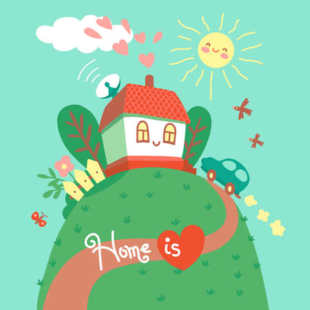 Home is where your heart is. Card with cute house and car. Vector illustrationのイラスト素材