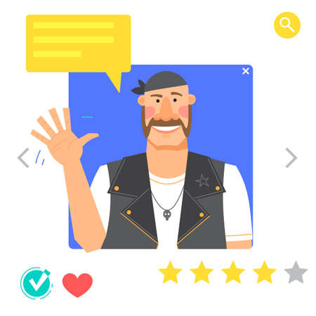 Portrait of Man - graphic avatars for social networking or dating site. The male biker waves his hand in greeting Vector illustrationのイラスト素材