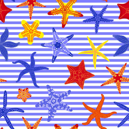 Sea stars seamless pattern. Marine striped backgrounds with starfishes. Starfish underwater invertebrate animal. Vector illustrationのイラスト素材
