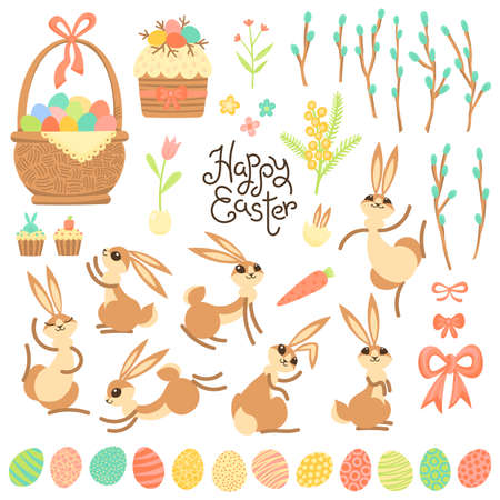 Set of design elements and characters for Happy Easter. Cute Easter bunnies, painted eggs, willow branches, cakes, pie and flowers. Vector illustrationのイラスト素材