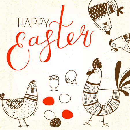 Funny chickens and rooster, eggs. Greeting card with Happy Easter writing. Vector illustration.のイラスト素材