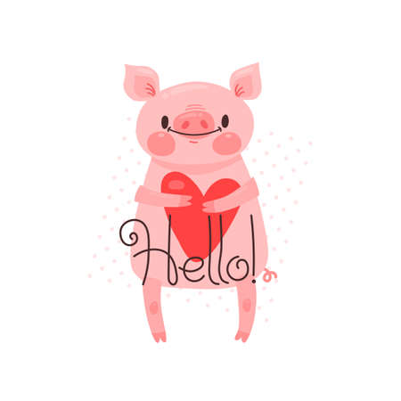 Greeting card with cute piglet. Sweet pig says hello. Vector illustration.のイラスト素材