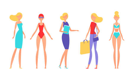 Blonde woman in different styles of clothes, with different hairstyles and poses. Model in simple flat abstract style vector illustration.のイラスト素材