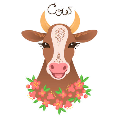 Cute cow portrait, calf character in cartoon style.のイラスト素材