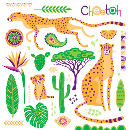 Wild exotic cats, tropical plants and ethnic patterns set. Cheetahs and their cub. Vector illustration of cartoon styleのイラスト素材