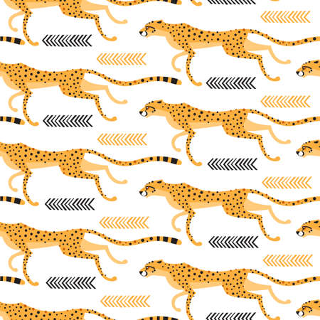 Seamless pattern with running cheetahs, leopards. Repeating exotic wild cats on a white background. Vector illustrationのイラスト素材