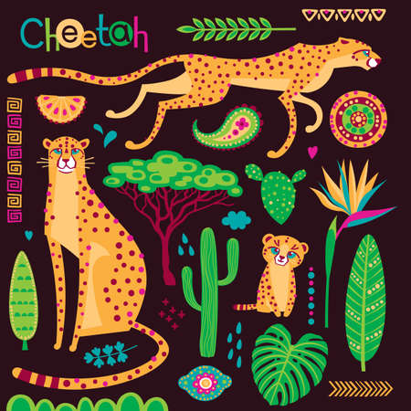 Wild exotic cats, tropical plants and ethnic patterns set. Cheetahs and their cub. Vector illustration of cartoon styleのイラスト素材