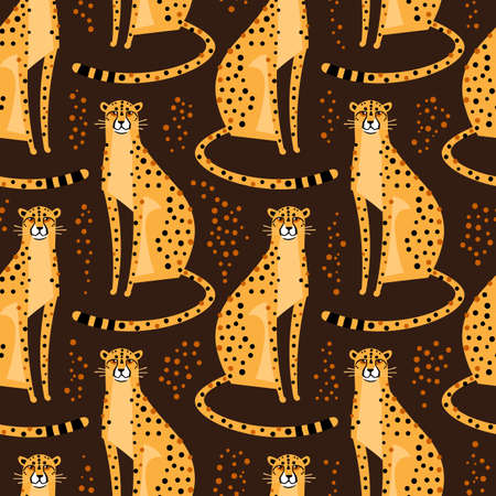 Seamless pattern with cheetahs, leopards. Repeated exotic wild cats on a brown background. Vector illustrationのイラスト素材