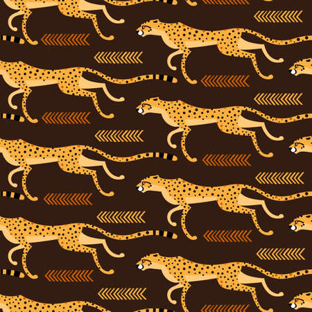 Seamless pattern with running cheetahs, leopards. Repeated exotic wild cats on a brown background. Vector illustrationのイラスト素材