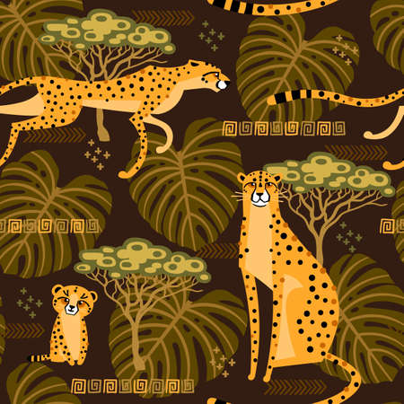 Seamless pattern with cheetahs, leopards in the jungle. Repeated exotic wild cats in the background of the savannah. Vector stylized travel illustrationのイラスト素材