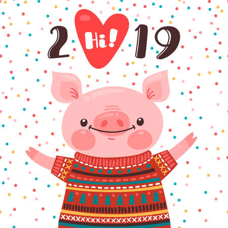 2019 Happy New Year card design. Symbol of the Chinese calendar cute pig greets with love. Piglet in a knitted sweater. Vector illustration in cartoon styleのイラスト素材