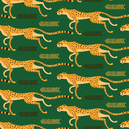 Seamless pattern with running cheetahs, leopards. Repeated exotic wild cats on a green background. Vector illustrationのイラスト素材