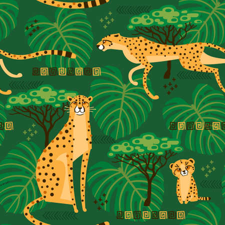 Seamless pattern with cheetahs, leopards in the jungle. Repeated exotic wild cats in the background of the savannah. Vector stylized travel illustrationのイラスト素材