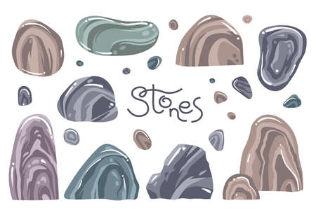 A set of different stones in the cartoon style. Isolated over white background rocks. Vector illustration.のイラスト素材