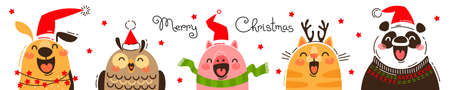 Happy animals in Santa hats. Joyful dog, owl, pig, cat and panda. Merry Christmas banner. Vector illustrationのイラスト素材