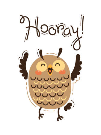 Funny owl yells Hooray. Vector illustration in cartoon style.のイラスト素材