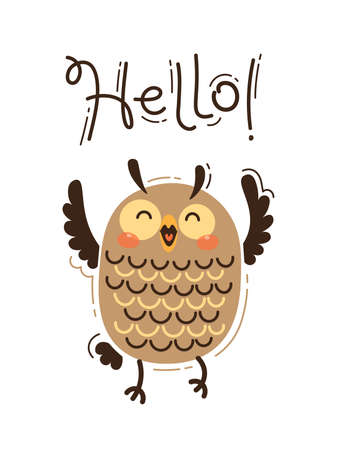A happy owl greets you Hello. Vector illustration in cartoon style.のイラスト素材