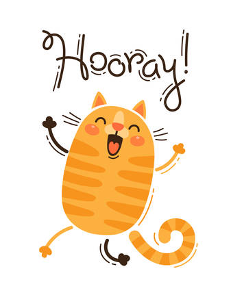 Funny cat yells Hooray. Vector illustration in cartoon style.のイラスト素材