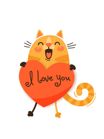 A happy cat with a valentine and message I love you. Vector illustration in cartoon style.のイラスト素材