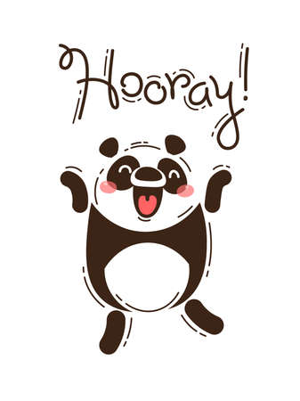 Funny panda yells Hooray. Vector illustration in cartoon style.のイラスト素材
