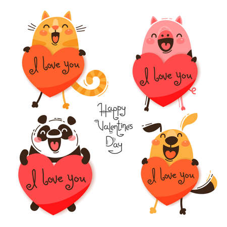 Set of cute animals with valentines. Funny cat, pig, panda and dog confess I love you. Isolated vector illustration for Valentines Day designs.のイラスト素材