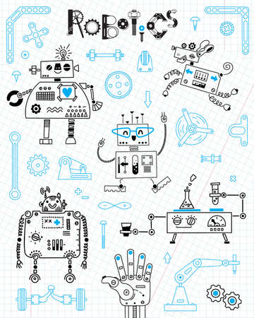 Robotics for kids. Set of design elements. Robots and details for construction. Vector illustration.のイラスト素材