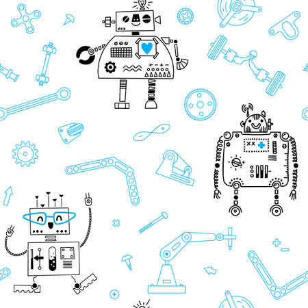 Seamless pattern with Robots and details for construction Robotics. Vector illustration.のイラスト素材