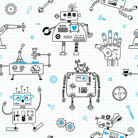 Seamless pattern with cute Robots and Robotics. Vector illustrationのイラスト素材