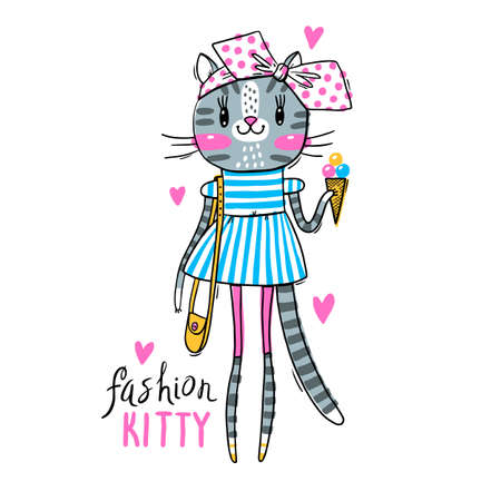 Fashion kawaii kitty. Vector illustration of a cat in fashionable clothes. Can be used for t-shirt print, kids wear design, baby shower card.のイラスト素材