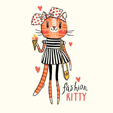 Fashion kawaii kitty. Vector illustration of a cat in fashionable clothes. Can be used for t-shirt print, kids wear design, baby shower card.のイラスト素材