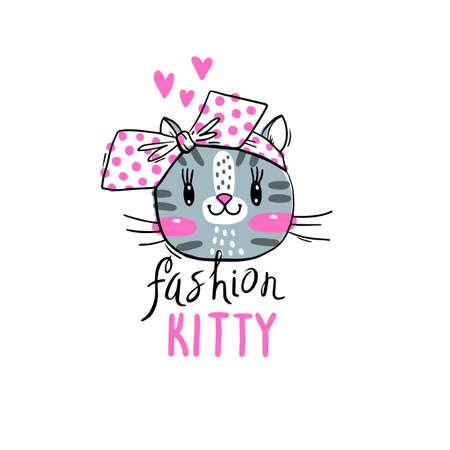 Fashion kawaii kitty. Vector illustration of a cat face with a bow. Can be used for t-shirt print, kids wear design, baby shower card.のイラスト素材