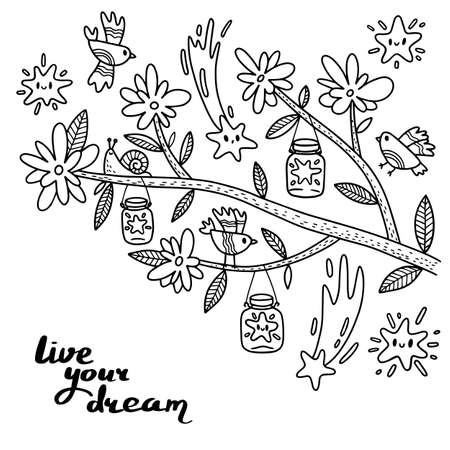 Coloring blooming tree branch with birds and stars. Vector illustration.のイラスト素材