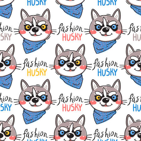 Portrait puppys and inscription fashion husky. Dog in a bandana around his neck. Seamless pattern in cartoon styleのイラスト素材