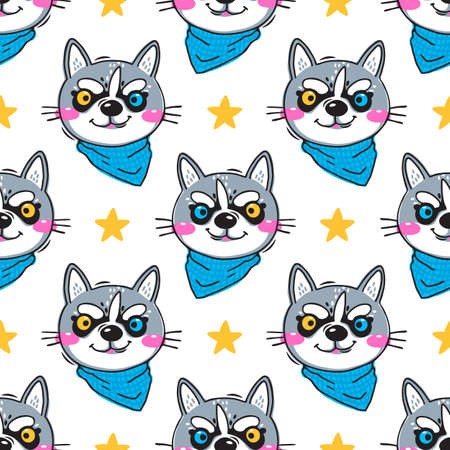 Portrait husky puppys. Dog in a bandana around his neck. Seamless pattern in cartoon styleのイラスト素材