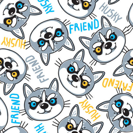 Fashionable seamless pattern with dogs husky noses puppies and inscriptions friend. Vector illustration in cartoon style.のイラスト素材