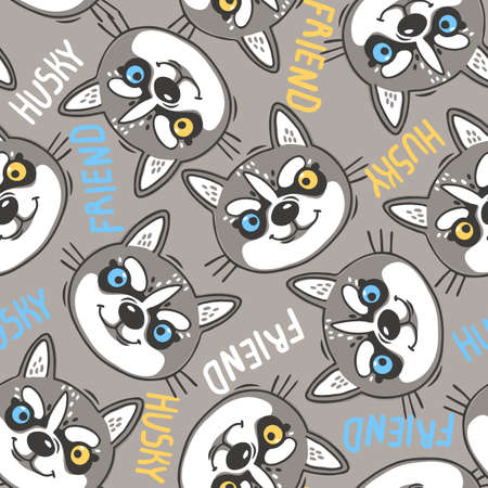 Fashionable seamless pattern with dogs husky noses puppies and inscriptions friend. Vector illustration in cartoon style.のイラスト素材
