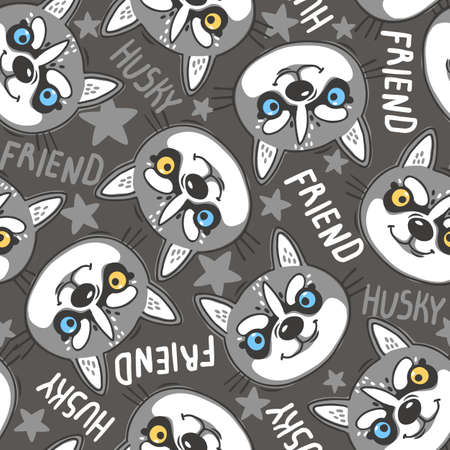 Fashionable seamless pattern with dogs husky noses puppies and inscriptions friend. Vector illustration in cartoon style.のイラスト素材