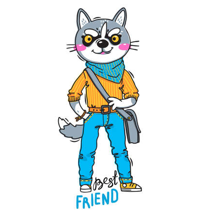 Husky puppy in fashionable clothes. Dog is the best friend. Can be used as print for design of t-shirt, cover, card. Vector illustrationのイラスト素材