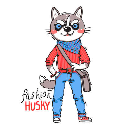Puppy in fashionable clothes. Fashion husky. Print for t-shirt design, covers, cards. Vector illustrationのイラスト素材
