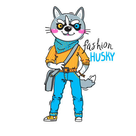 Puppy in fashionable clothes. Fashion husky. Print for t-shirt design, covers, cards. Vector illustrationのイラスト素材