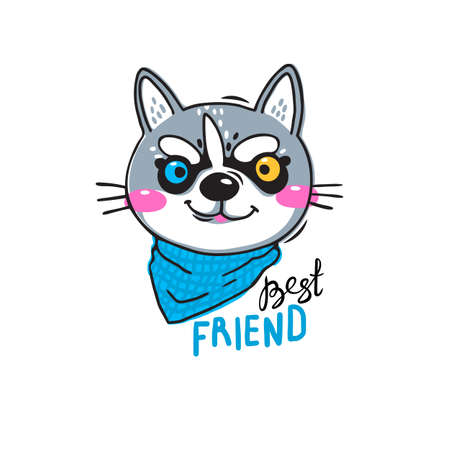 Portrait husky puppy best friend. Print for t-shirt design, covers, cards. Vector illustration in cartoon styleのイラスト素材