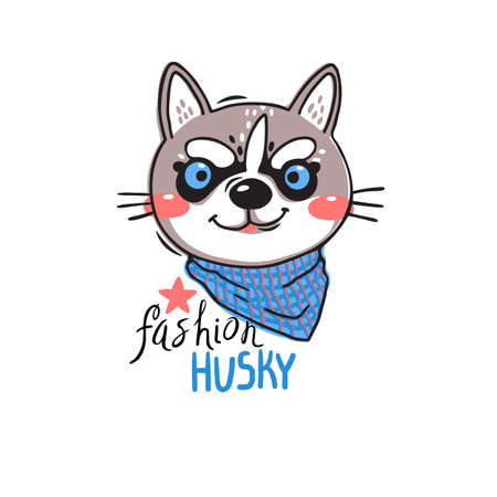 Portrait puppy in a bandana around his neck. Dog with the inscription fashion husky. Vector illustration in cartoon styleのイラスト素材