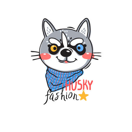 Portrait puppy in a bandana around his neck. Dog with the inscription fashion husky. Vector illustration in cartoon styleのイラスト素材