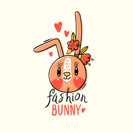 Fashion kawaii bunny. Vector illustration of a rabbit face with a barrettes flowers. Can be used for t-shirt print, kids wear design, baby shower card.のイラスト素材