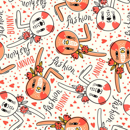 Seamless pattern with cute rabbit face with a barrettes flowers. Fashion kawaii bunny. Vector illustration.のイラスト素材